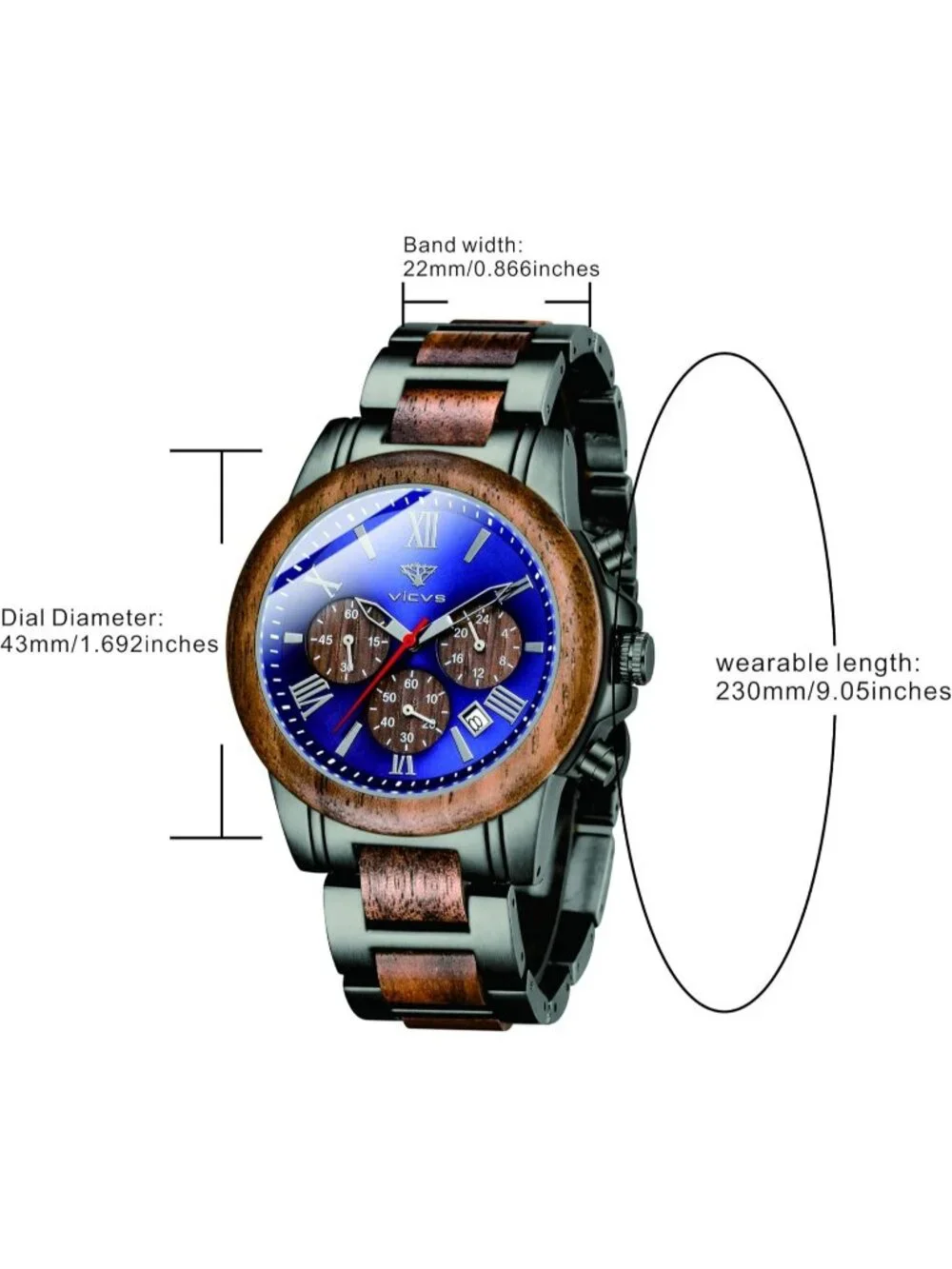 Men's Black Blue Stainless Steel Chronograph Quartz Multifunctional Wooden Watch